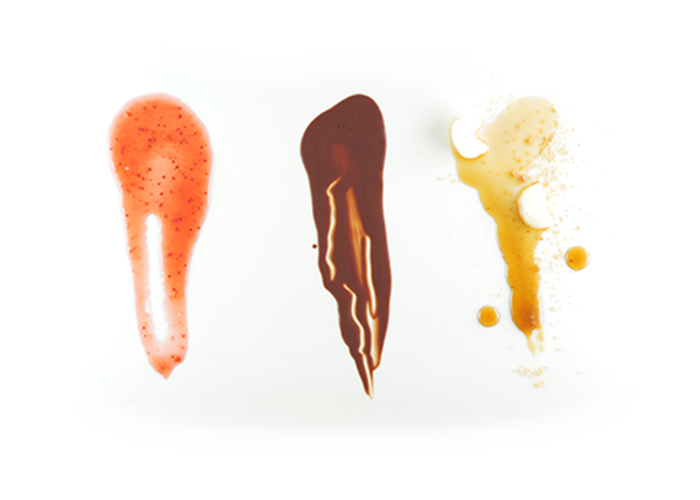 Photo of fruit sauce, chocolate, and kinako ice cream toppings